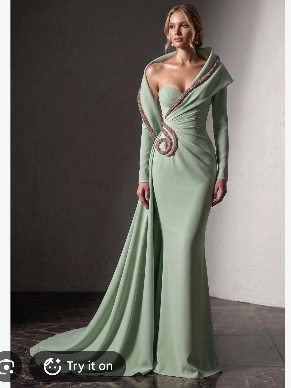 Fouad Sarkis Mint Draped Long-Sleeve Evening Gown 3038